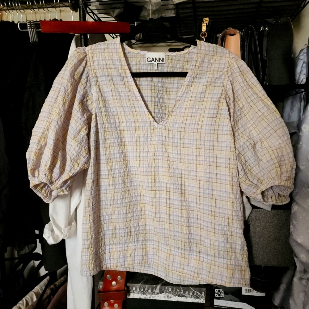 Ganni Plaid Bodysuit in Yellow and Purple